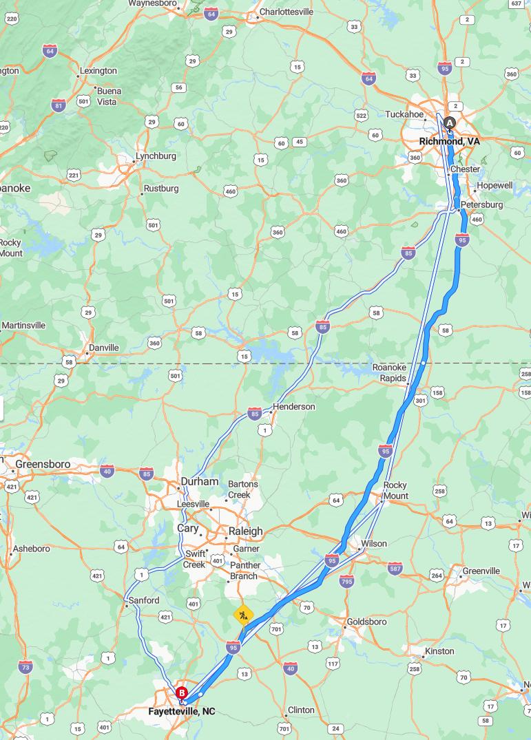 driving from Richmond, Virginia to FayettevilleNorth Carolina - map and route