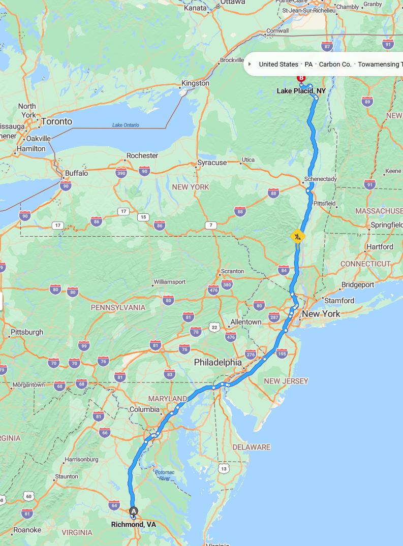driving from Richmond, Virginia to Lake PlacidNew York - map and route