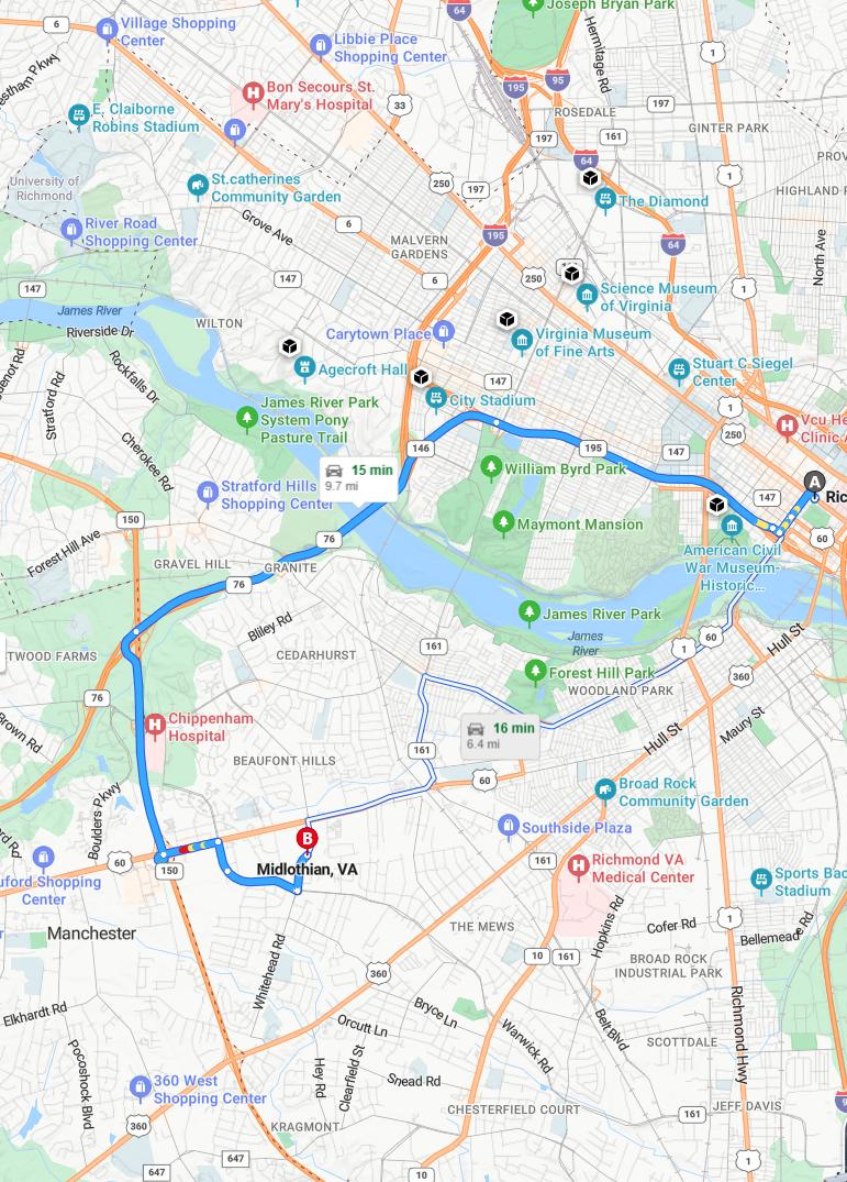 driving from Richmond, Virginia to MidlothianVirginia - map and route