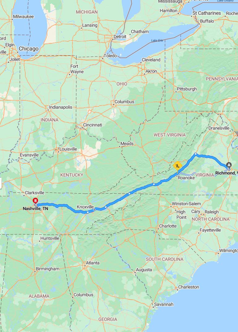 driving from Richmond, Virginia to NashvilleTennessee - map and route