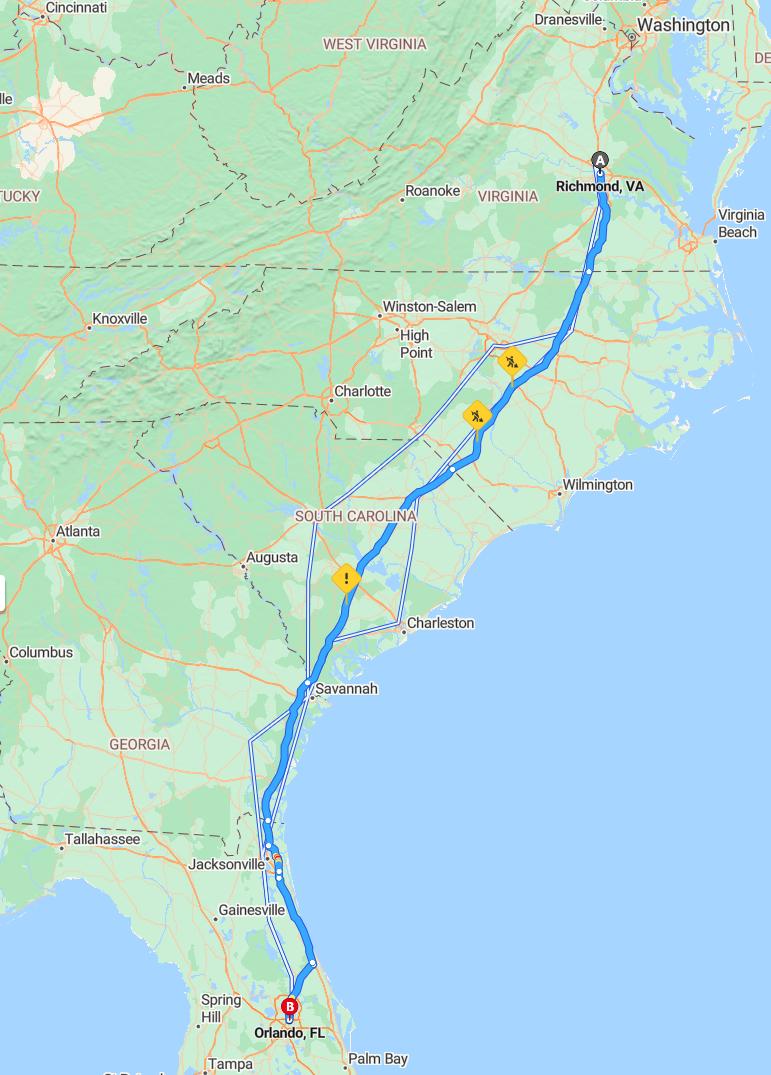 driving from Richmond, Virginia to OrlandoFlorida - map and route