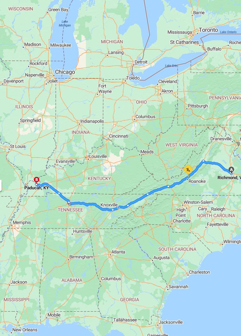 driving from Richmond, Virginia to PaducahKentucky - map and route