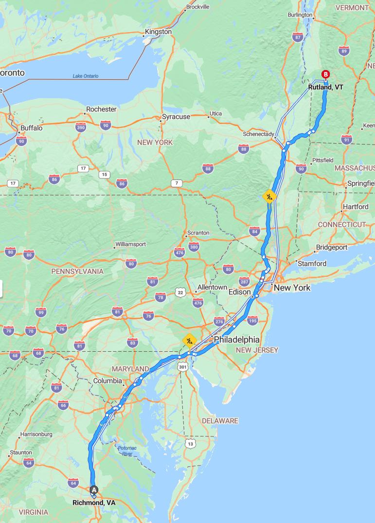 driving from Richmond, Virginia to RutlandVermont - map and route