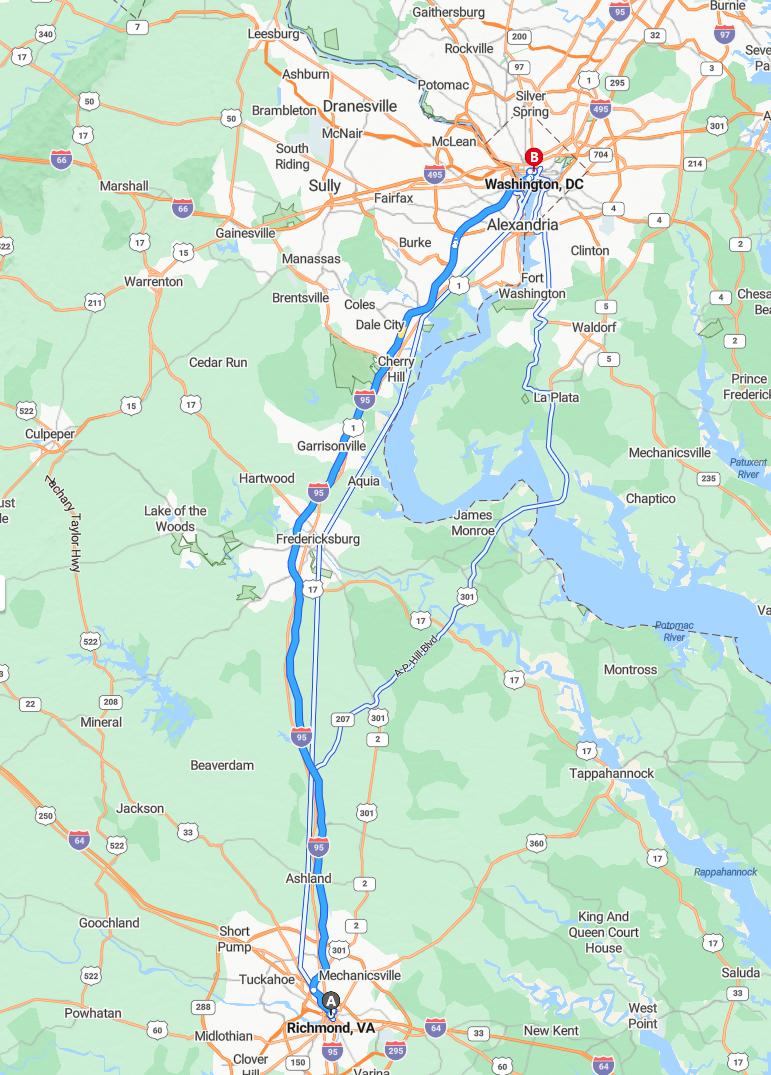 driving from Richmond, Virginia to WashingtonDistrict of Columbia - map and route