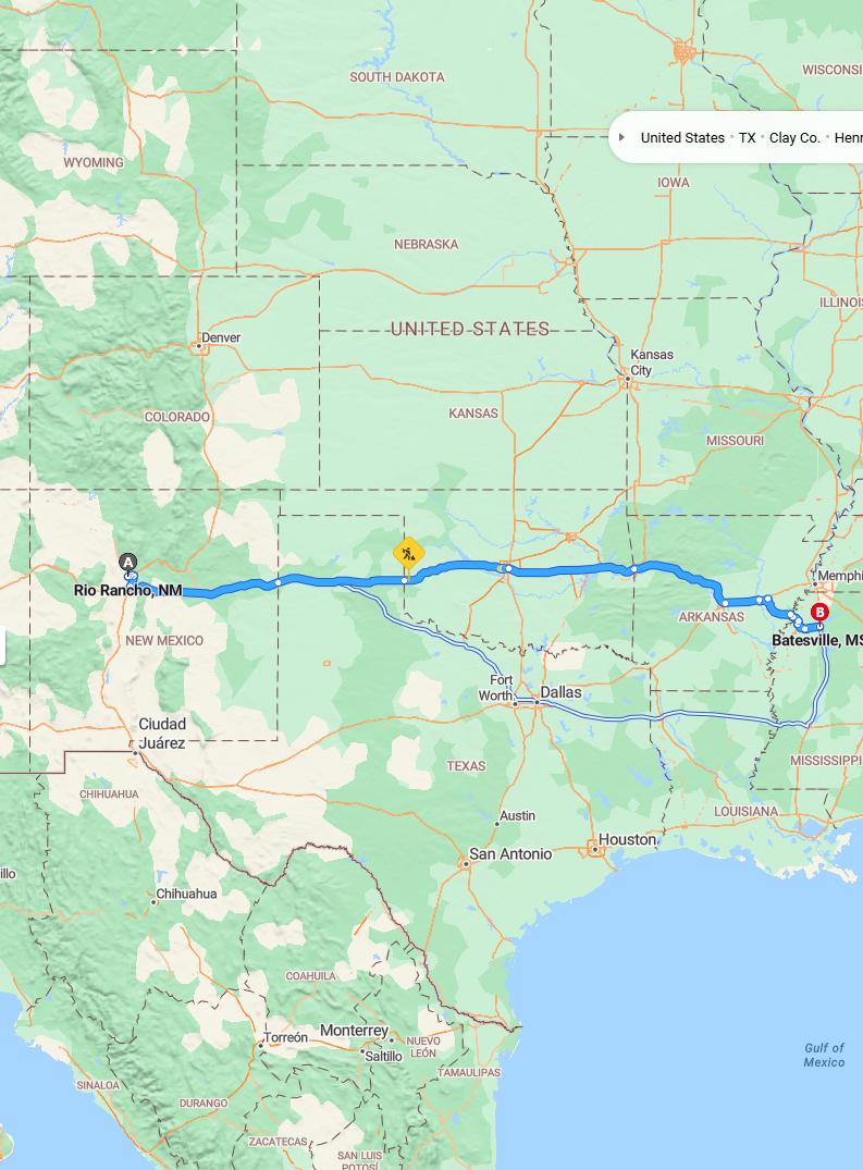 driving from Rio Rancho, New Mexico to BatesvilleMississippi - map and route