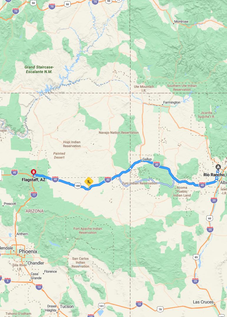 driving from Rio Rancho, New Mexico to FlagstaffArizona - map and route