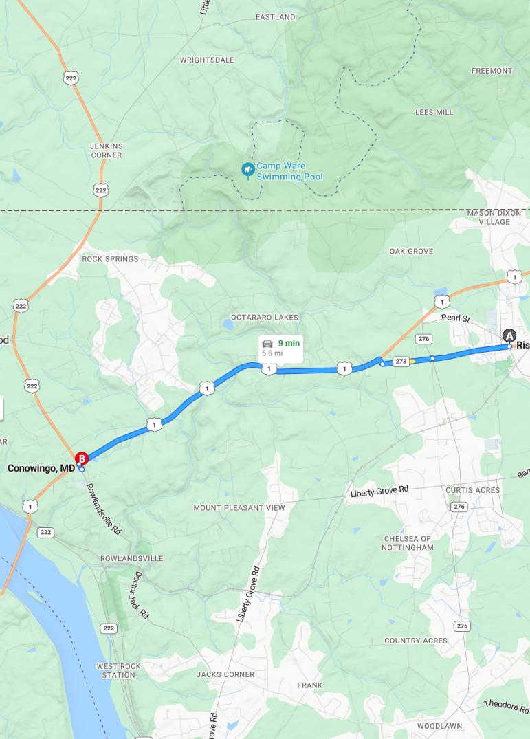 driving from Rising Sun, Maryland to ConowingoMaryland - map and route