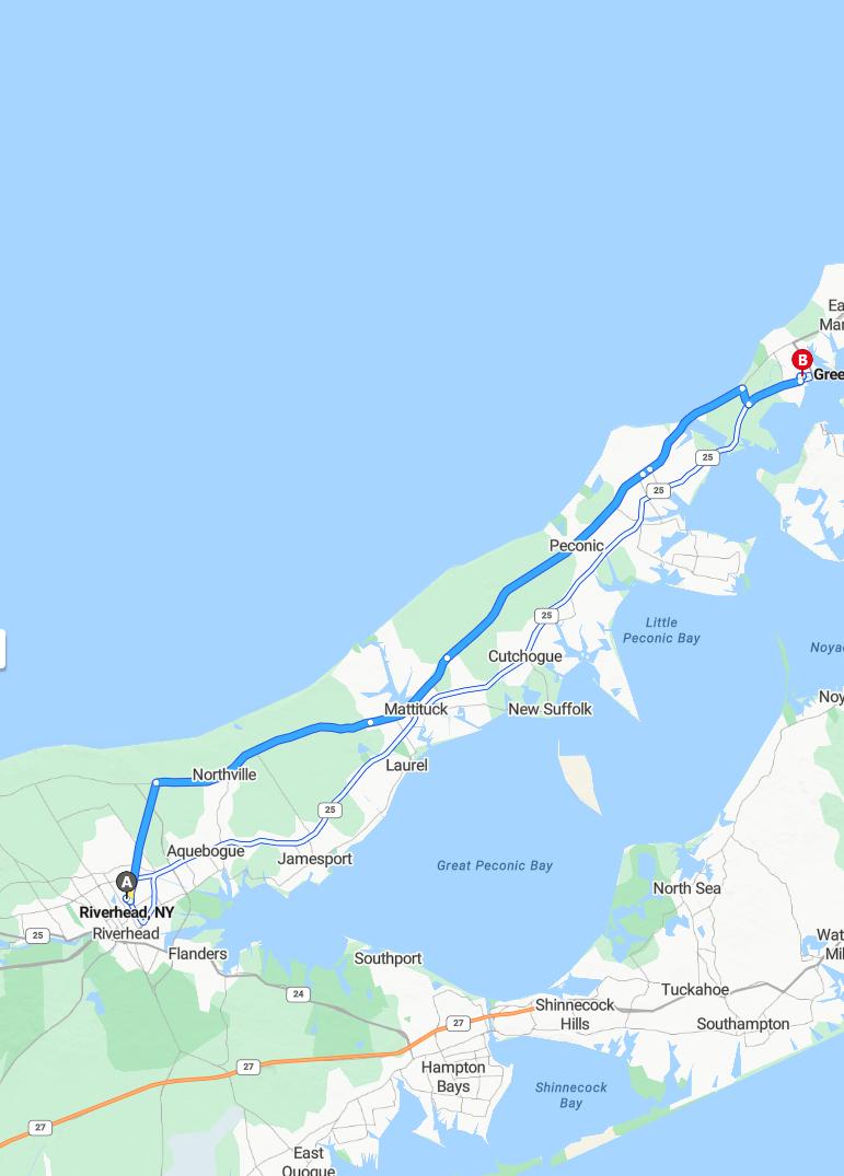 driving from Riverhead, New York to GreenportNew York - map and route