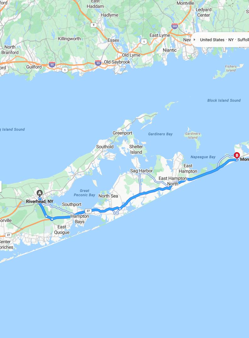 driving from Riverhead, New York to MontaukNew York - map and route