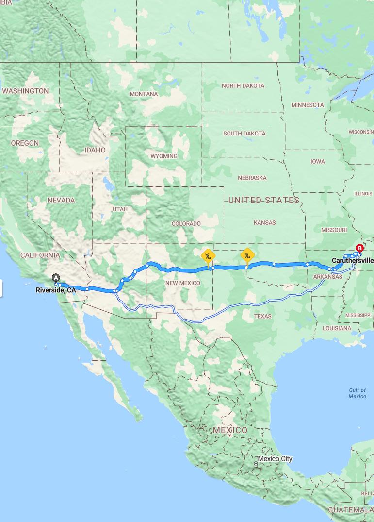 driving from Riverside, California to CaruthersvilleMissouri - map and route