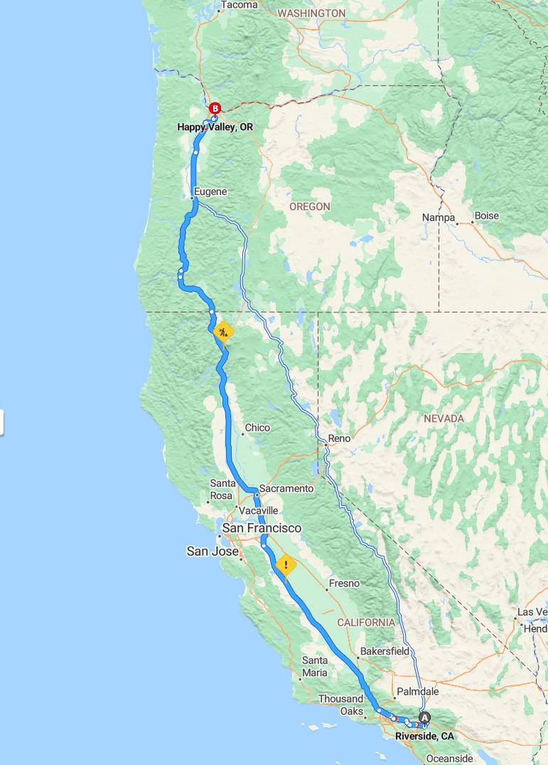 driving from Riverside, California to Happy ValleyOregon - map and route
