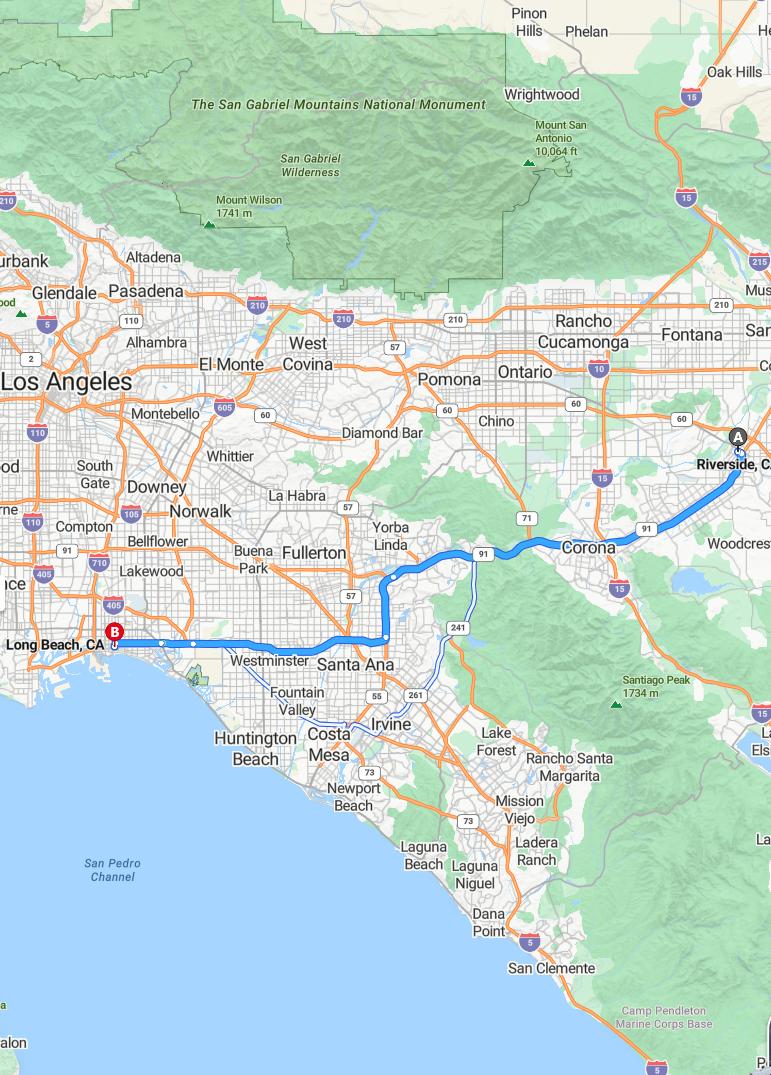 driving from Riverside, California to Long BeachCalifornia - map and route