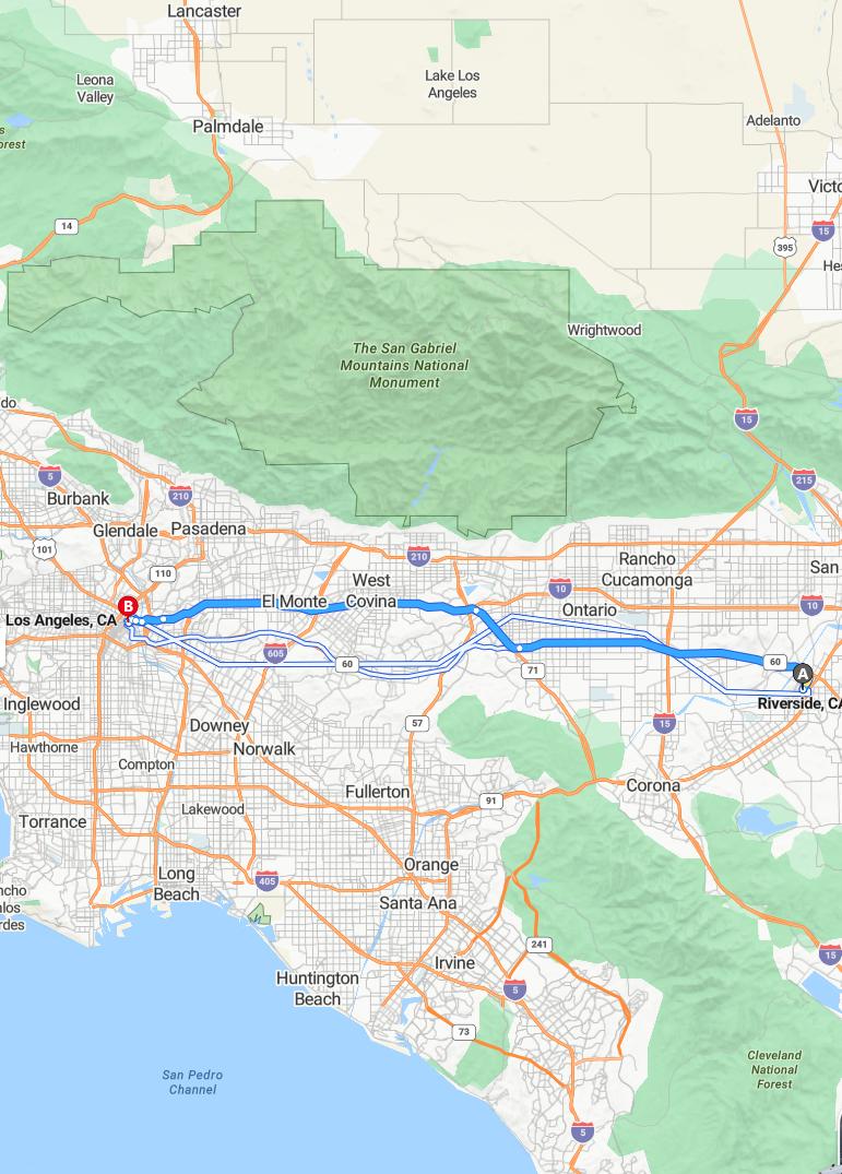 driving from Riverside, California to Los AngelesCalifornia - map and route