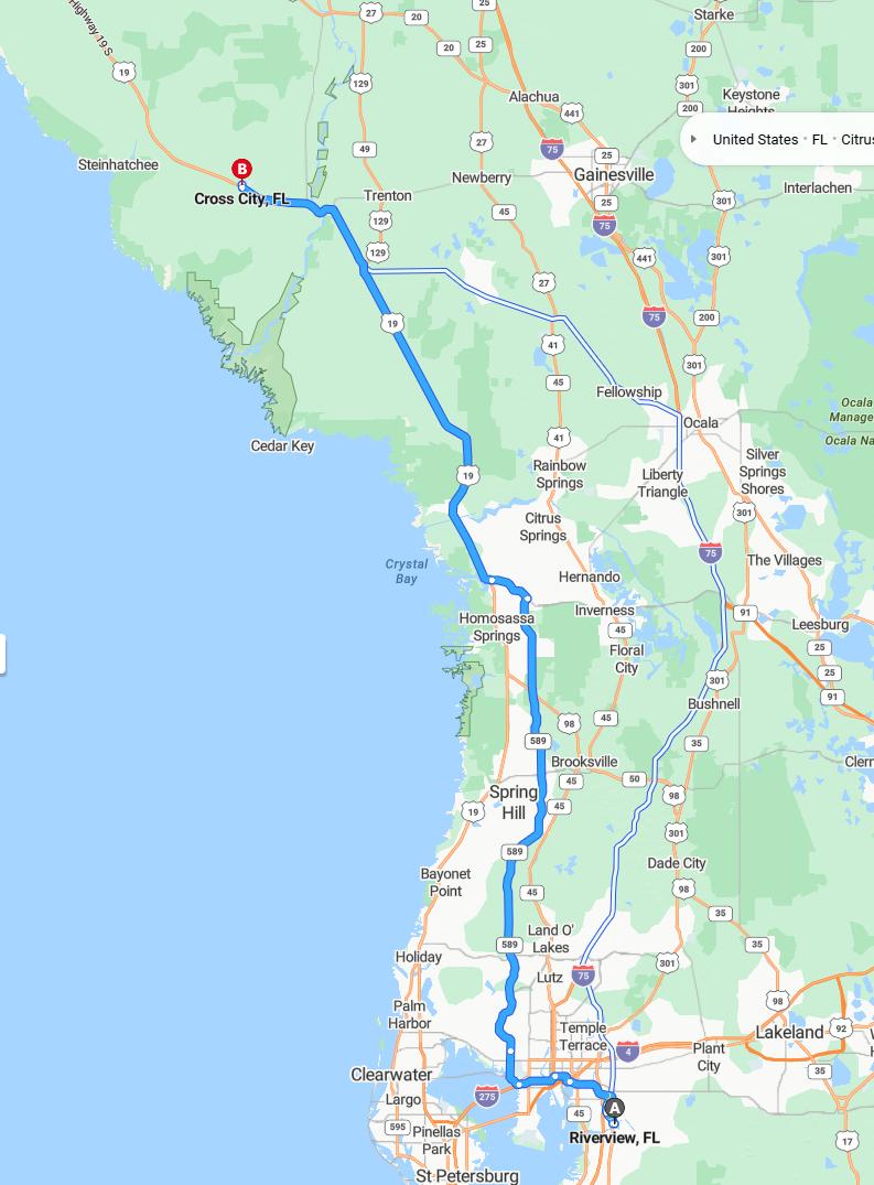 driving from Riverview, Florida to Cross CityFlorida - map and route
