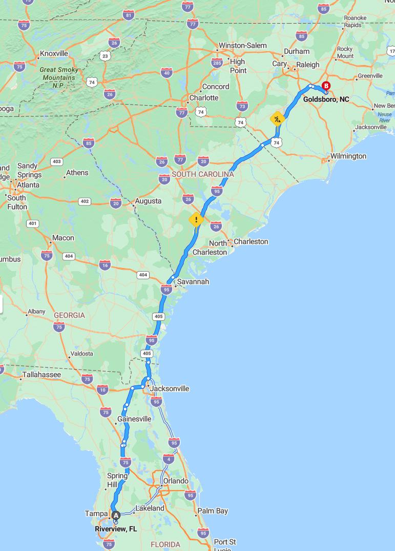 driving from Riverview, Florida to GoldsboroNorth Carolina - map and route