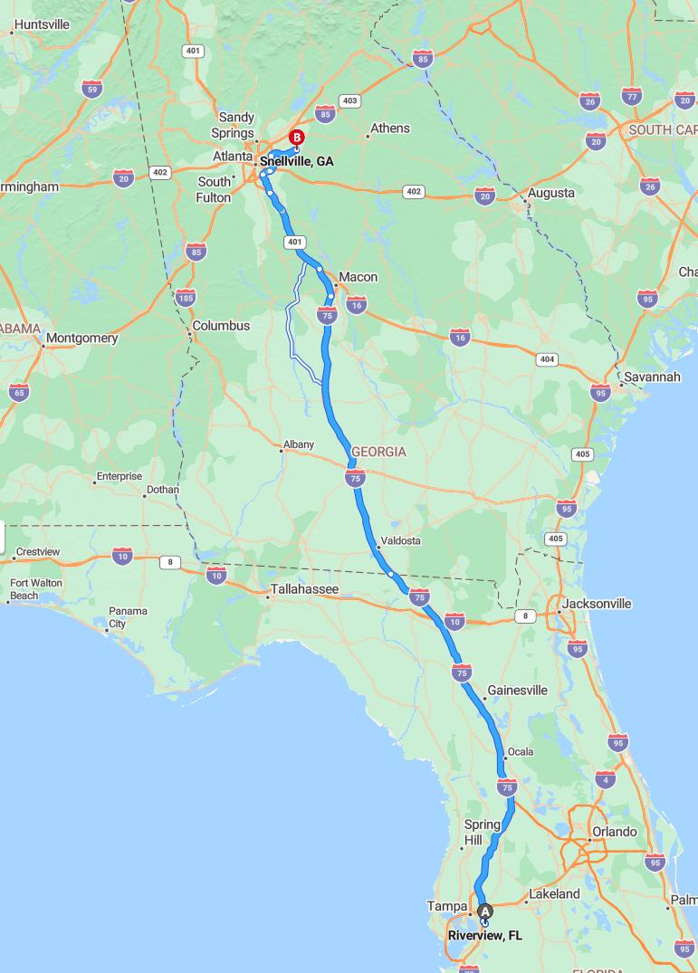 driving from Riverview, Florida to SnellvilleGeorgia - map and route