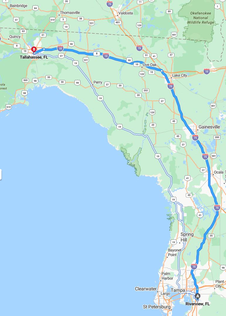 driving from Riverview, Florida to TallahasseeFlorida - map and route
