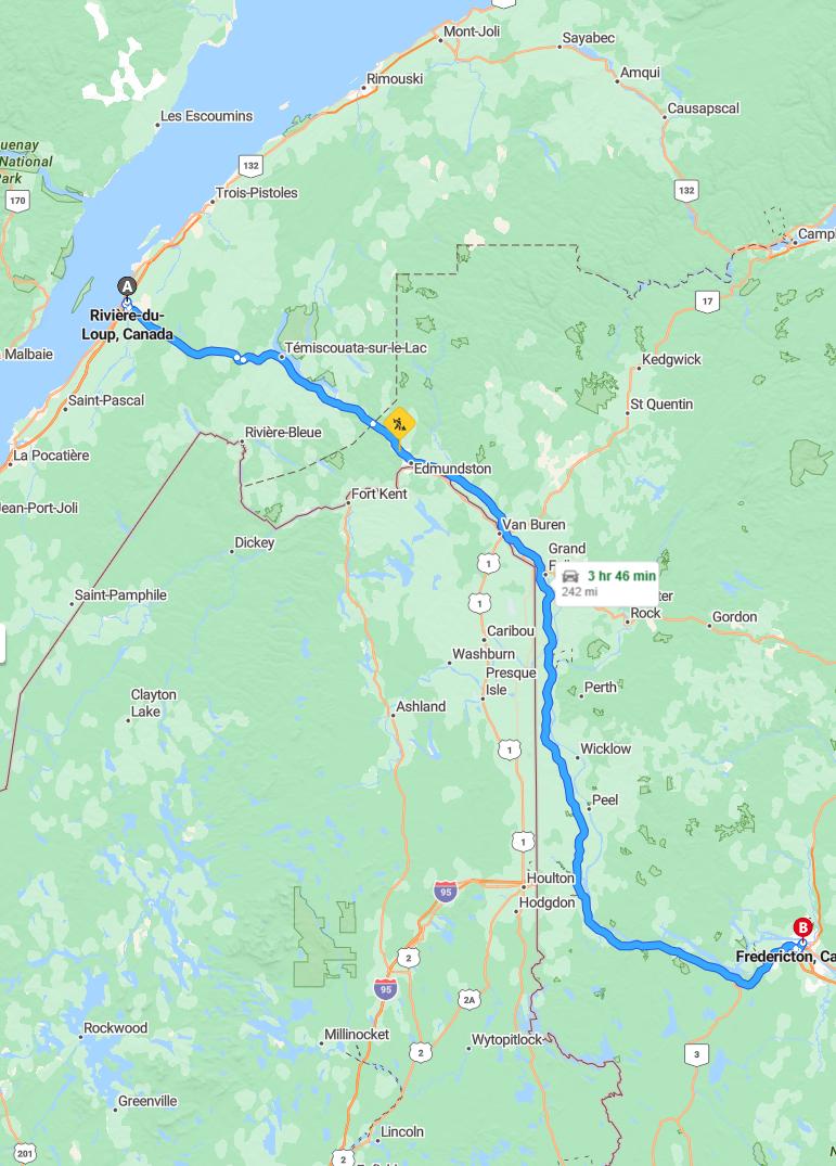 driving from Riviere Du Loup, Quebec to FrederictonNew Brunswick - map and route