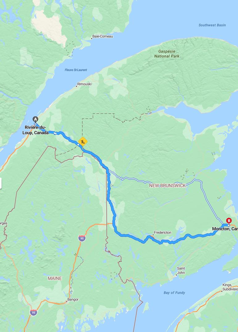 driving from Riviere du Loup, Quebec to MonctonNew Brunswick - map and route