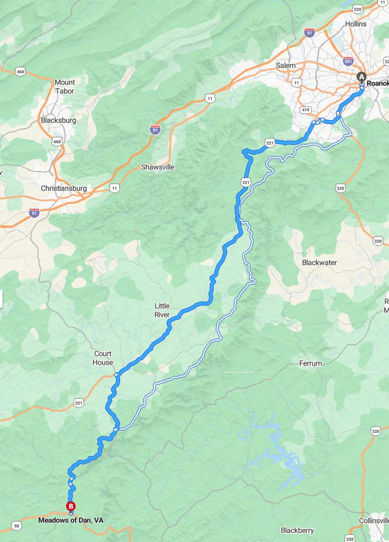 driving from Roanoke, Virginia to Meadows of DanVirginia - map and route