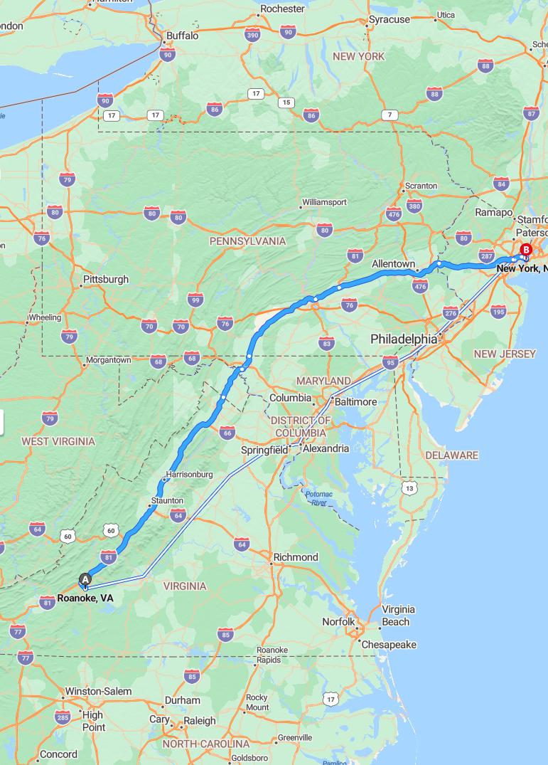 driving from Roanoke, Virginia to New YorkNew York - map and route