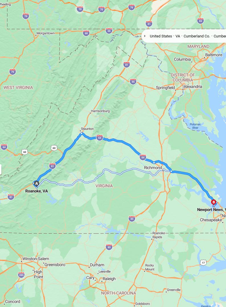 driving from Roanoke, Virginia to Newport NewsVirginia - map and route