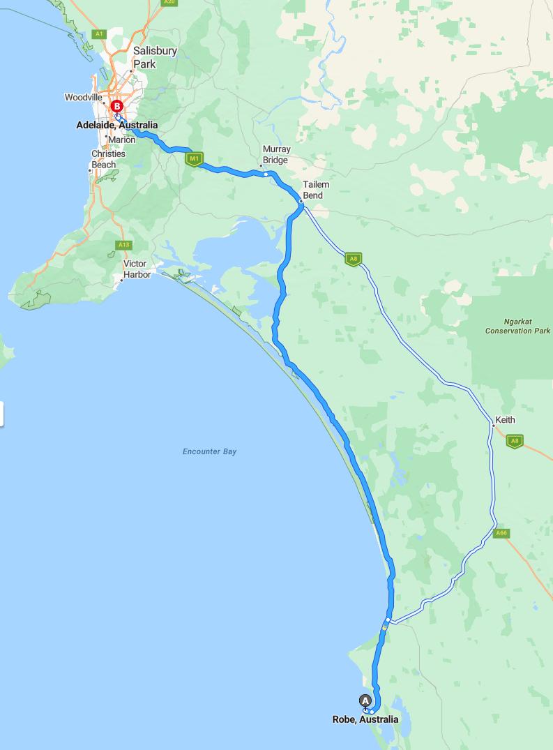 driving from Robe, South Australia to AdelaideSouth Australia - map and route