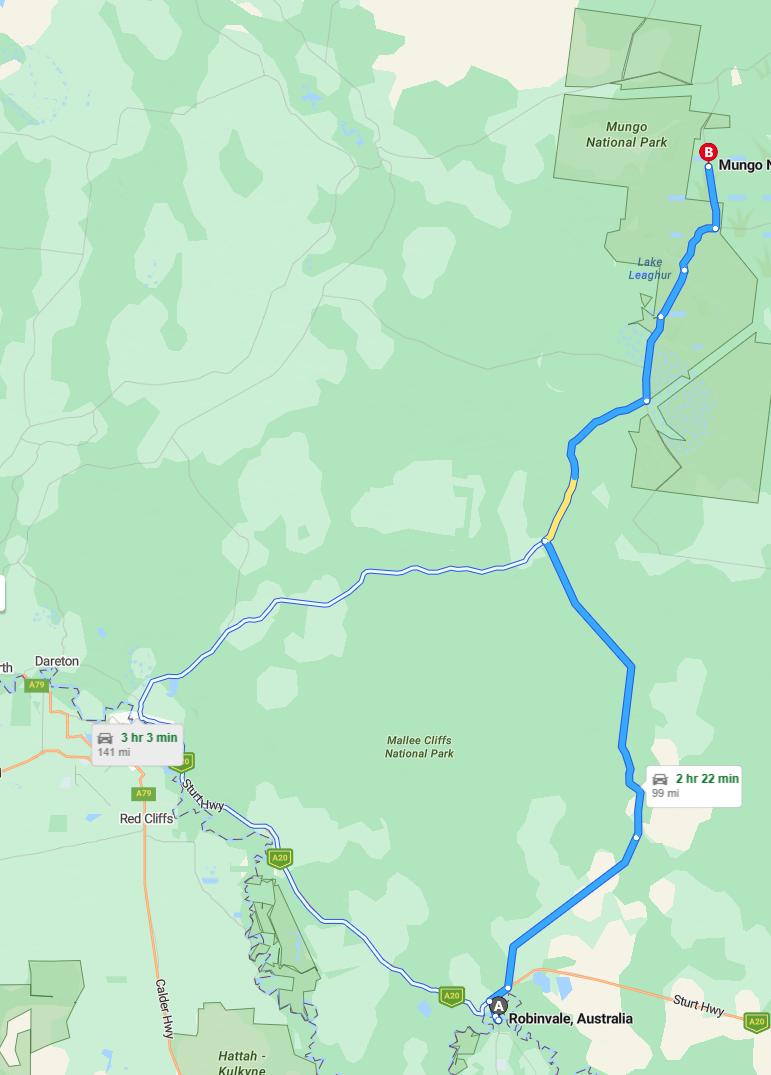driving from Robinvale, Victoria to Mungo National ParkNew South Wales - map and route