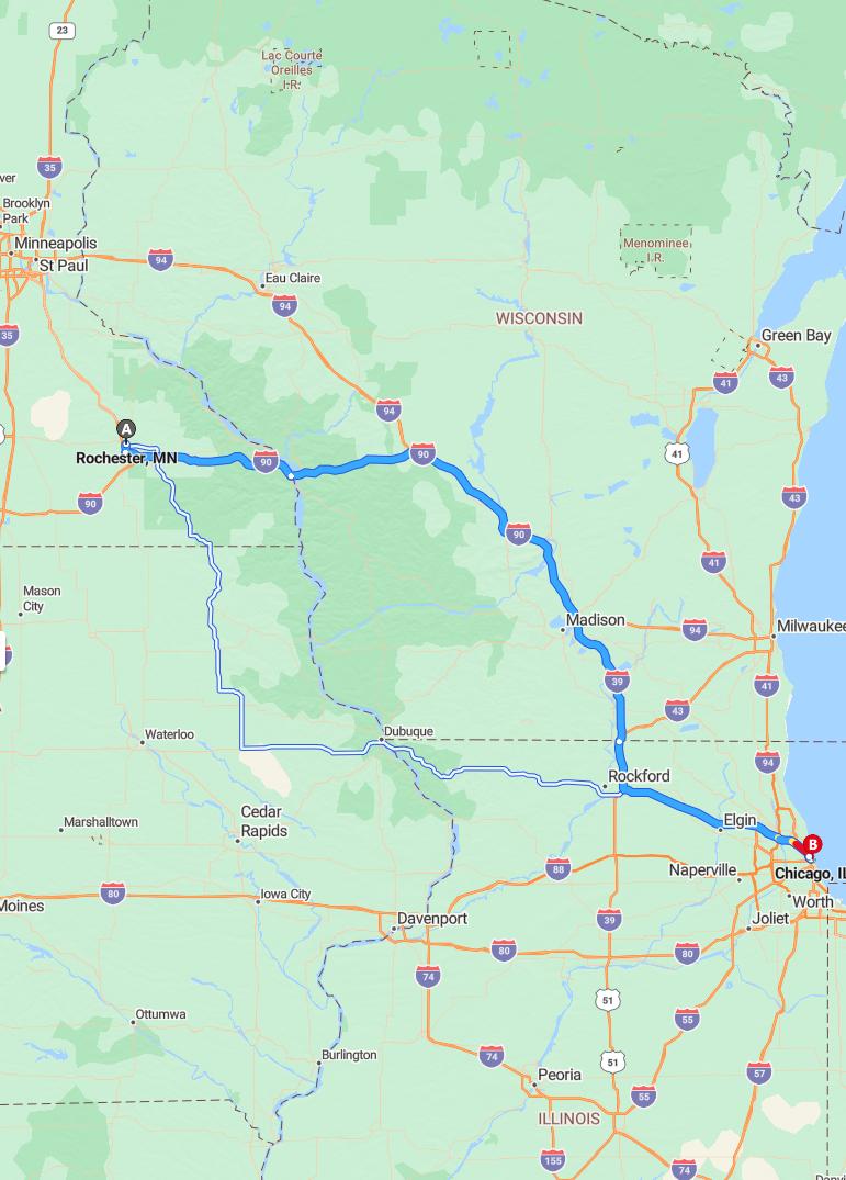 driving from Rochester, Minnesota to ChicagoIllinois - map and route