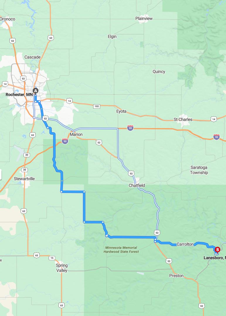 driving from Rochester, Minnesota to LanesboroMinnesota - map and route