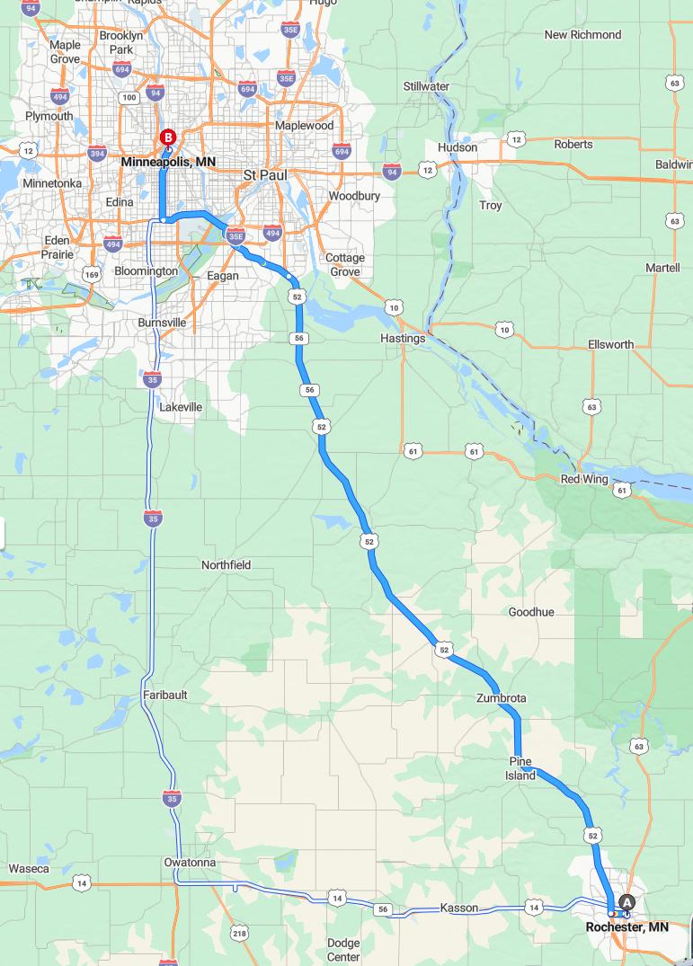 driving from Rochester, Minnesota to MinneapolisMinnesota - map and route