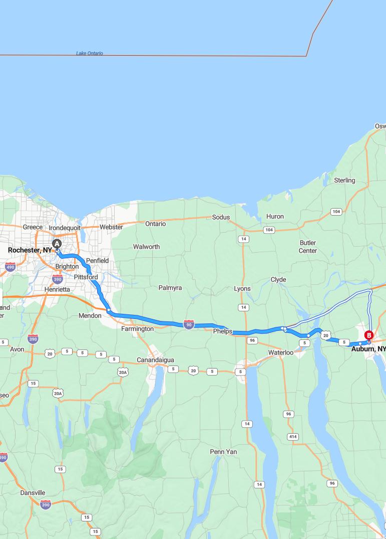 driving from Rochester, New York to AuburnNew York - map and route