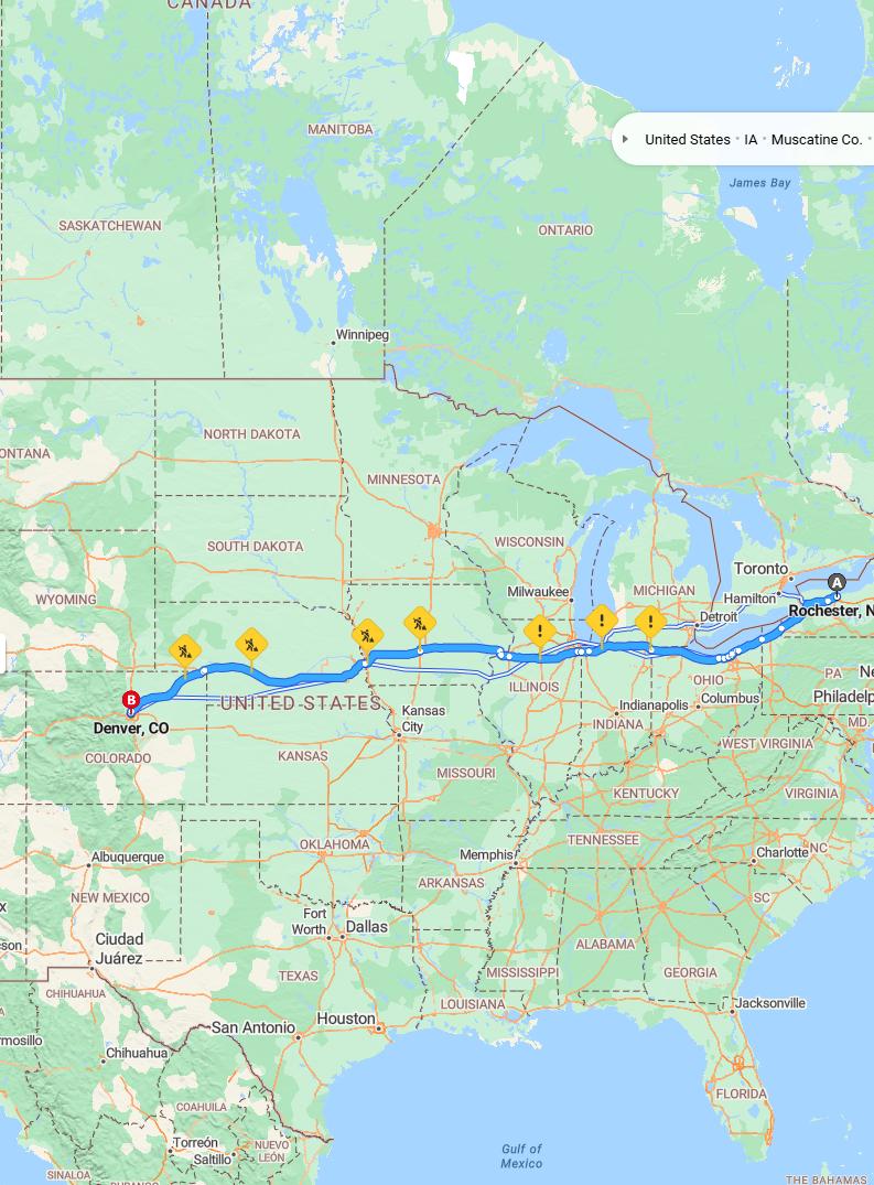 driving from Rochester, New York to DenverColorado - map and route