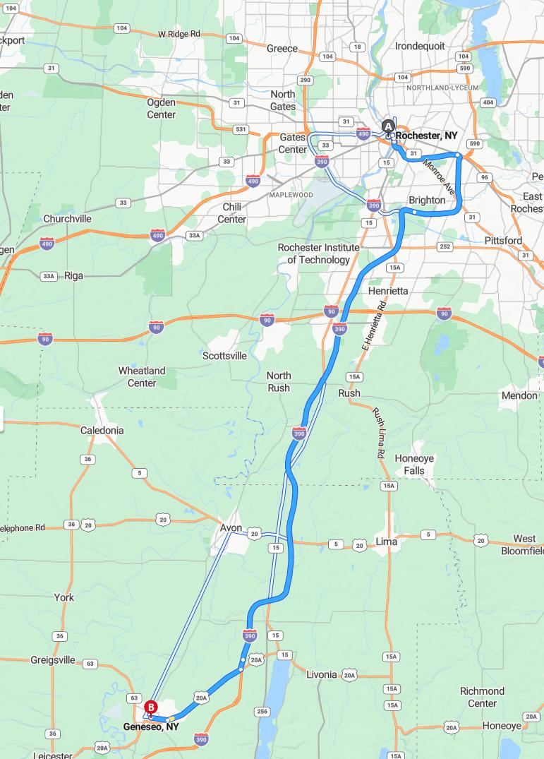 driving from Rochester, New York to GeneseoNew York - map and route