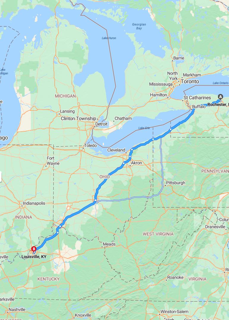 driving from Rochester, New York to LouisvilleKentucky - map and route