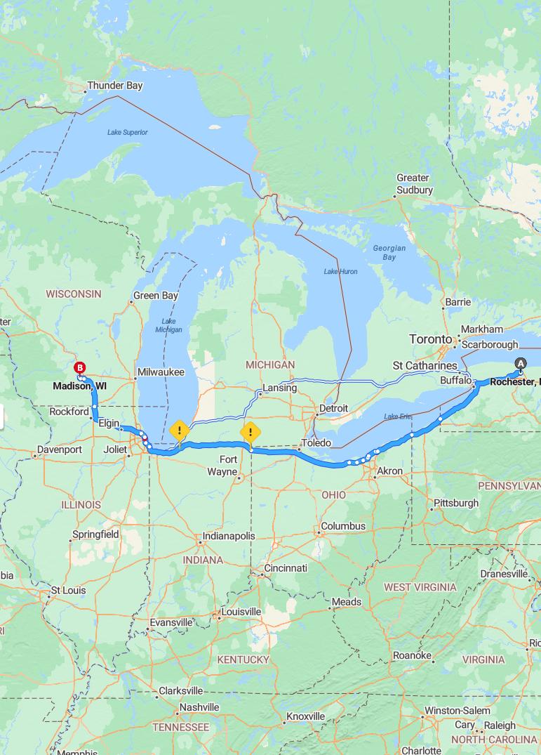 driving from Rochester, New York to MadisonWisconsin - map and route