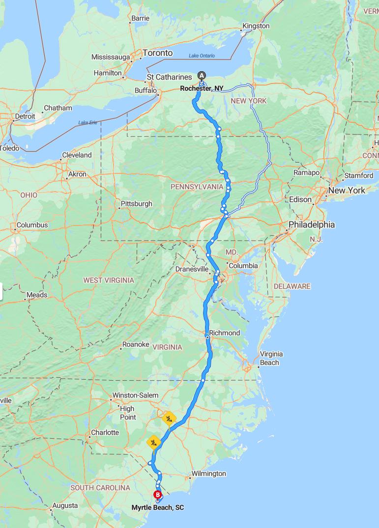 driving from Rochester, New York to Myrtle BeachSouth Carolina - map and route