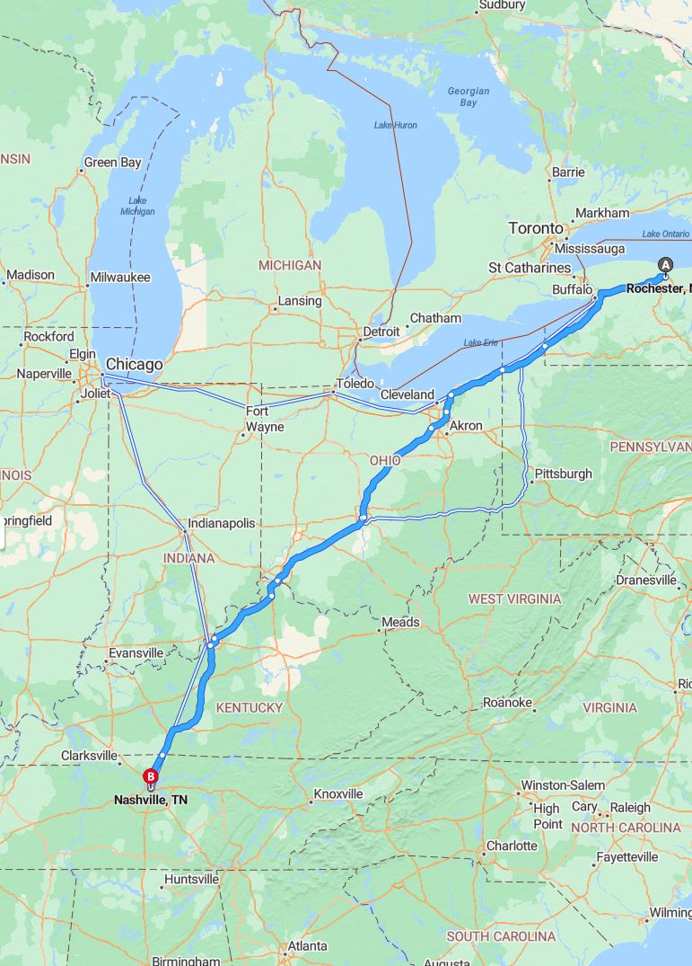 driving from Rochester, New York to NashvilleTennessee - map and route