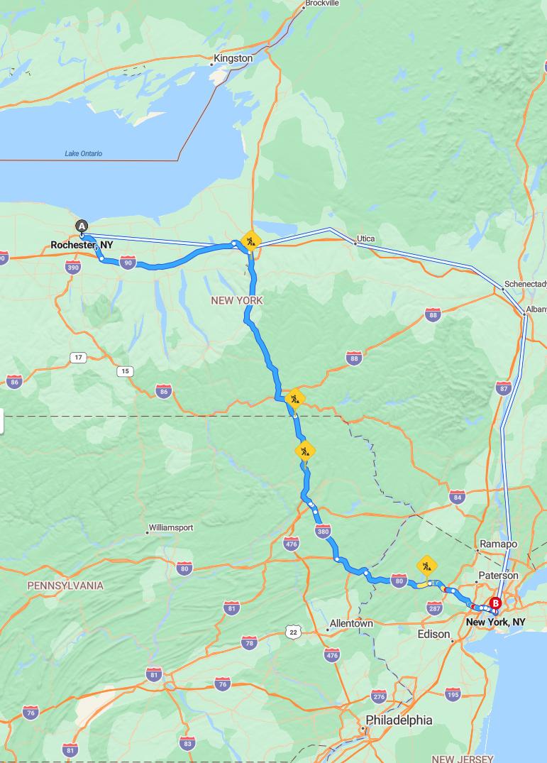 driving from Rochester, New York to New YorkNew York - map and route