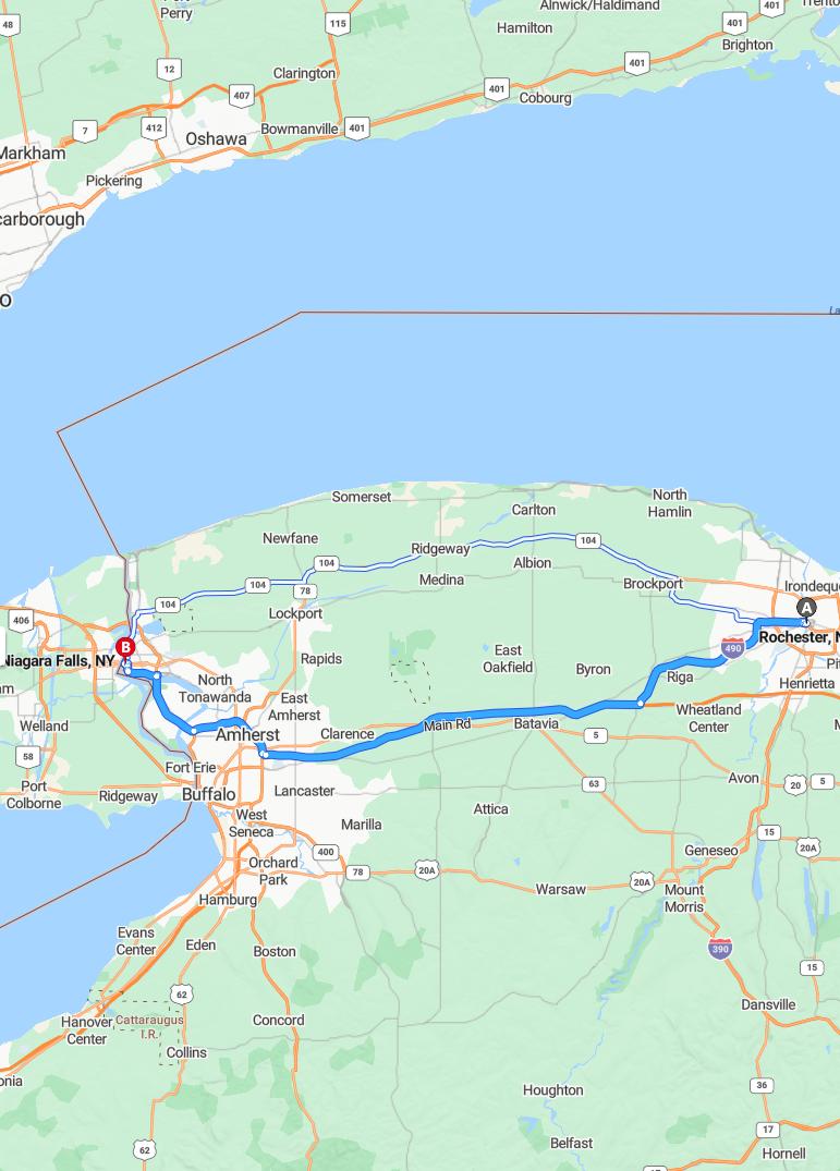driving from Rochester, New York to Niagara FallsNew York - map and route
