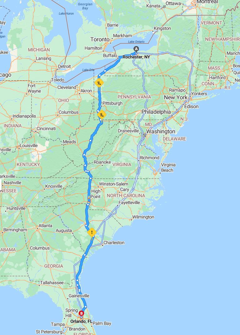 driving from Rochester, New York to OrlandoFlorida - map and route