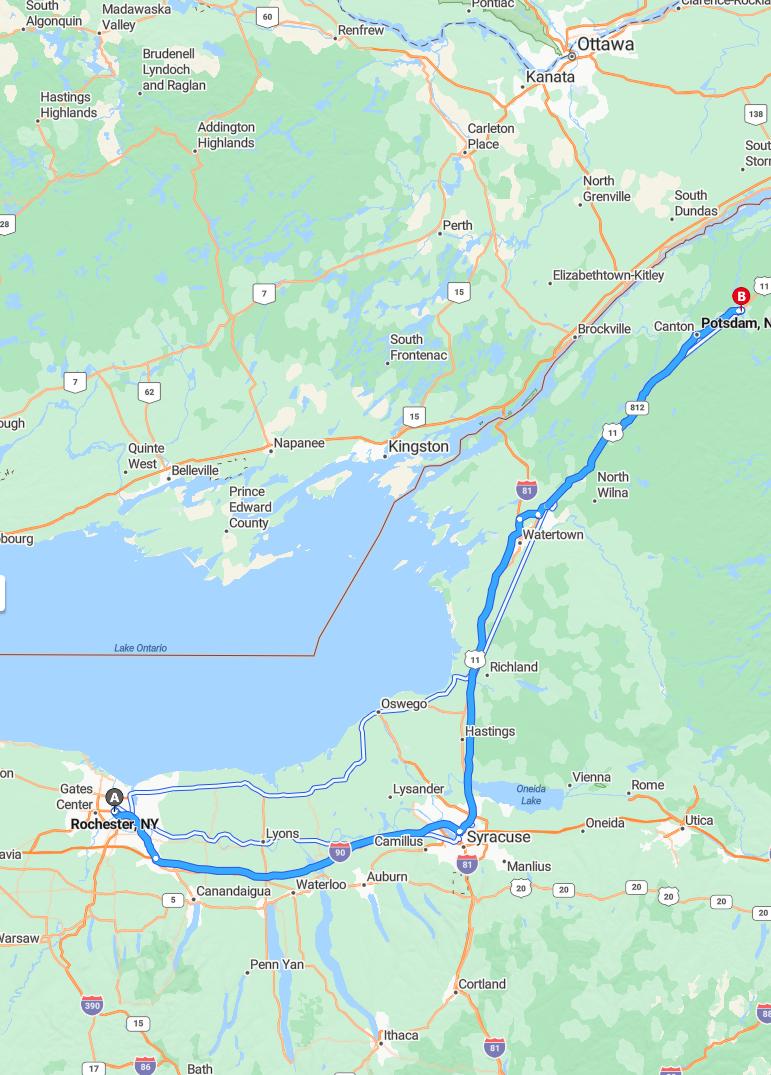 driving from Rochester, New York to PotsdamNew York - map and route