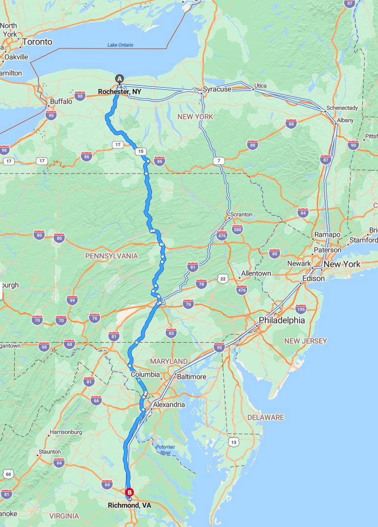 driving from Rochester, New York to RichmondVirginia - map and route