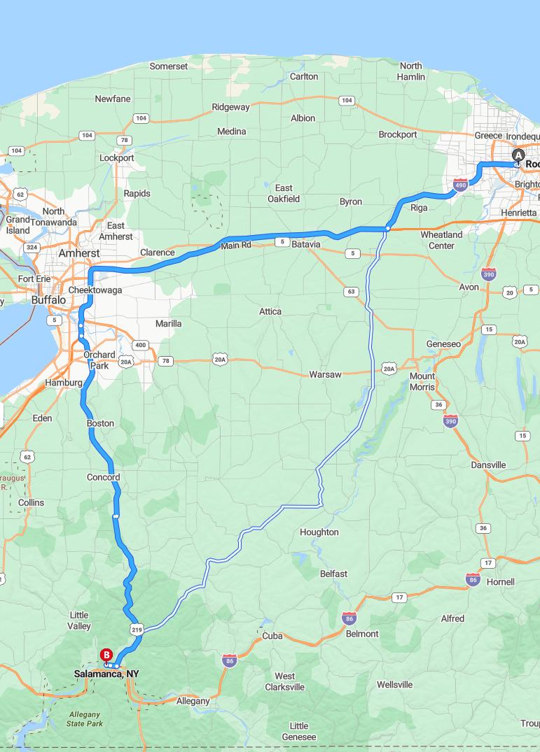 driving from Rochester, New York to SalamancaNew York - map and route