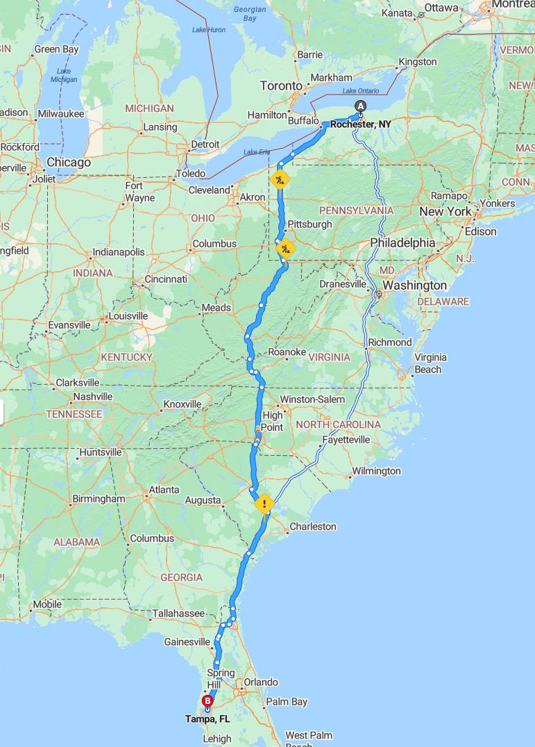driving from Rochester, New York to TampaFlorida - map and route