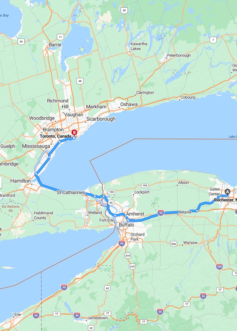 driving from Rochester, New York to TorontoOntario - map and route