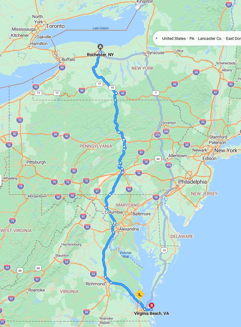 driving from Rochester, New York to Virginia BeachVirginia - map and route