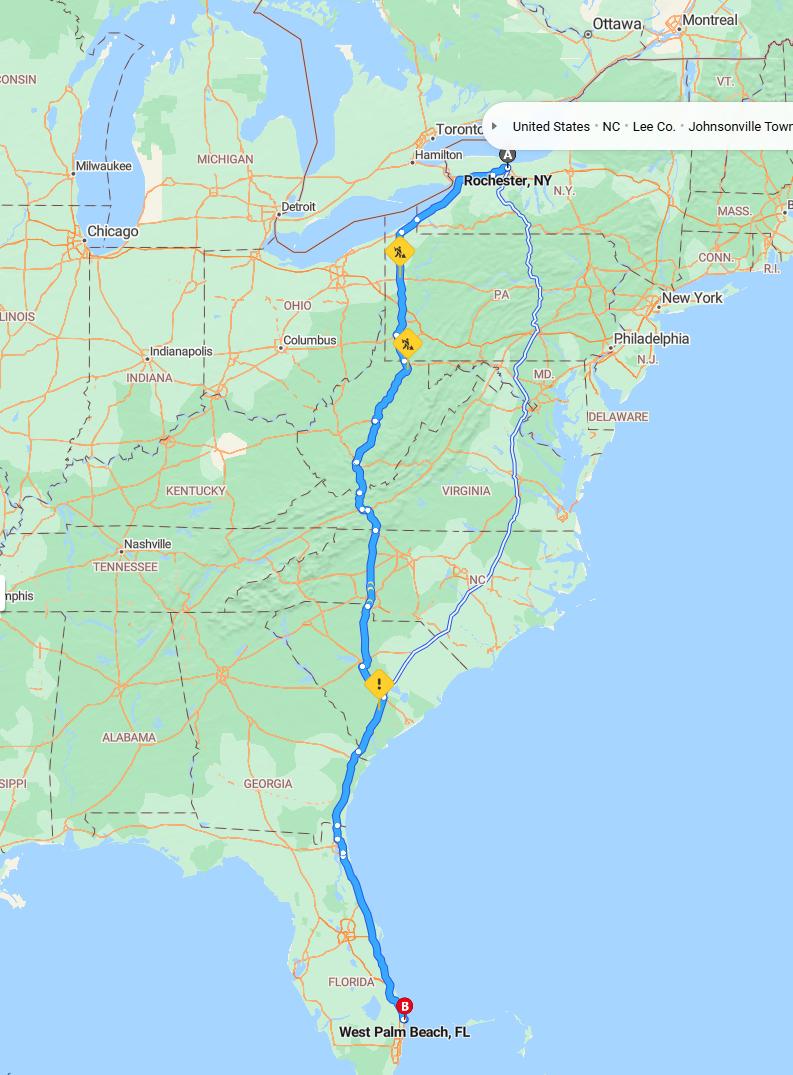 driving from Rochester, New York to West Palm BeachFlorida - map and route