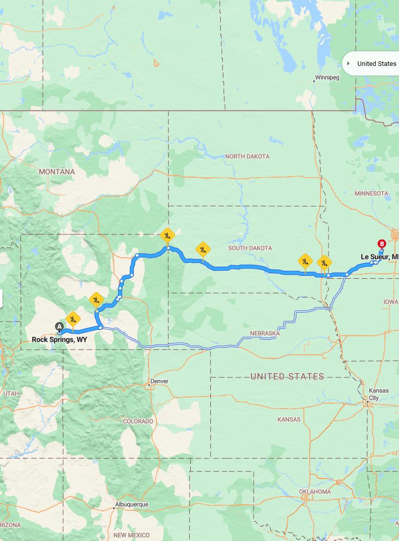 driving from Rock Springs, Wyoming to Le SueurMinnesota - map and route
