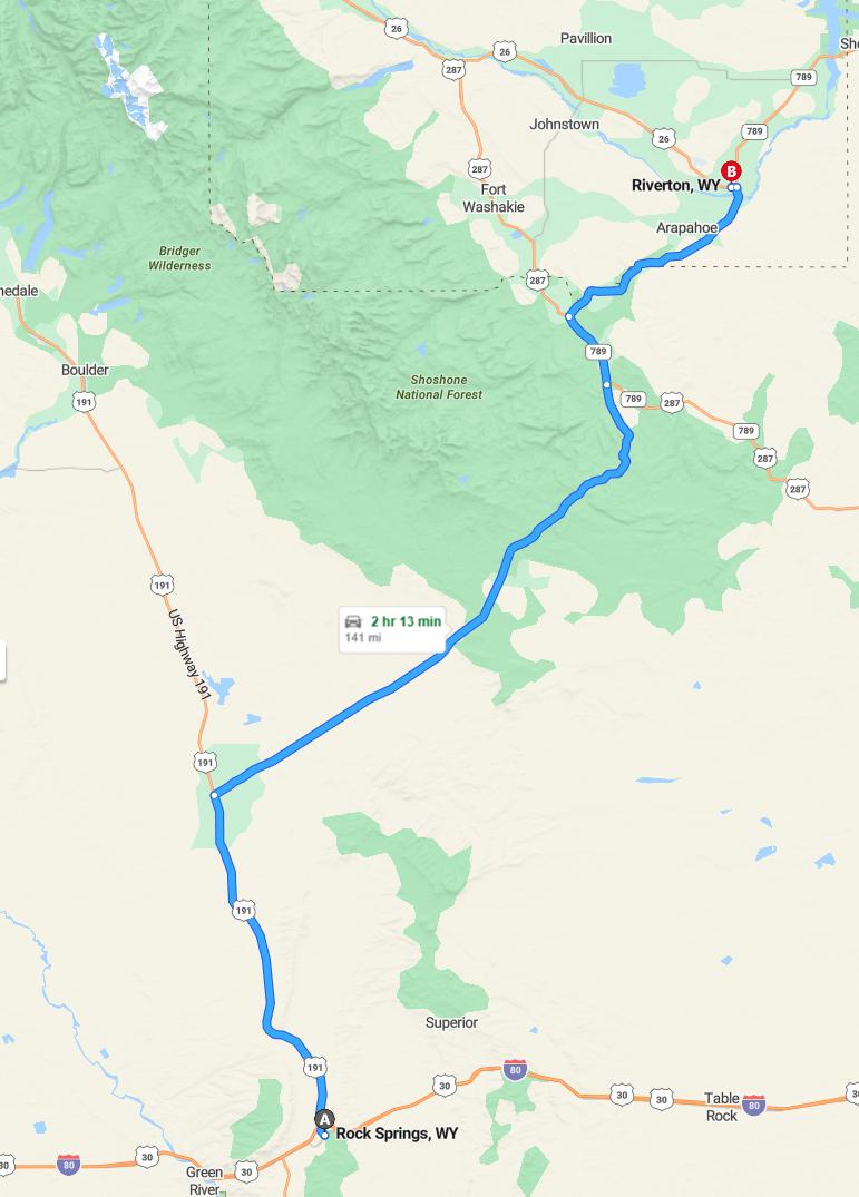 driving from Rock Springs, Wyoming to RivertonWyoming - map and route